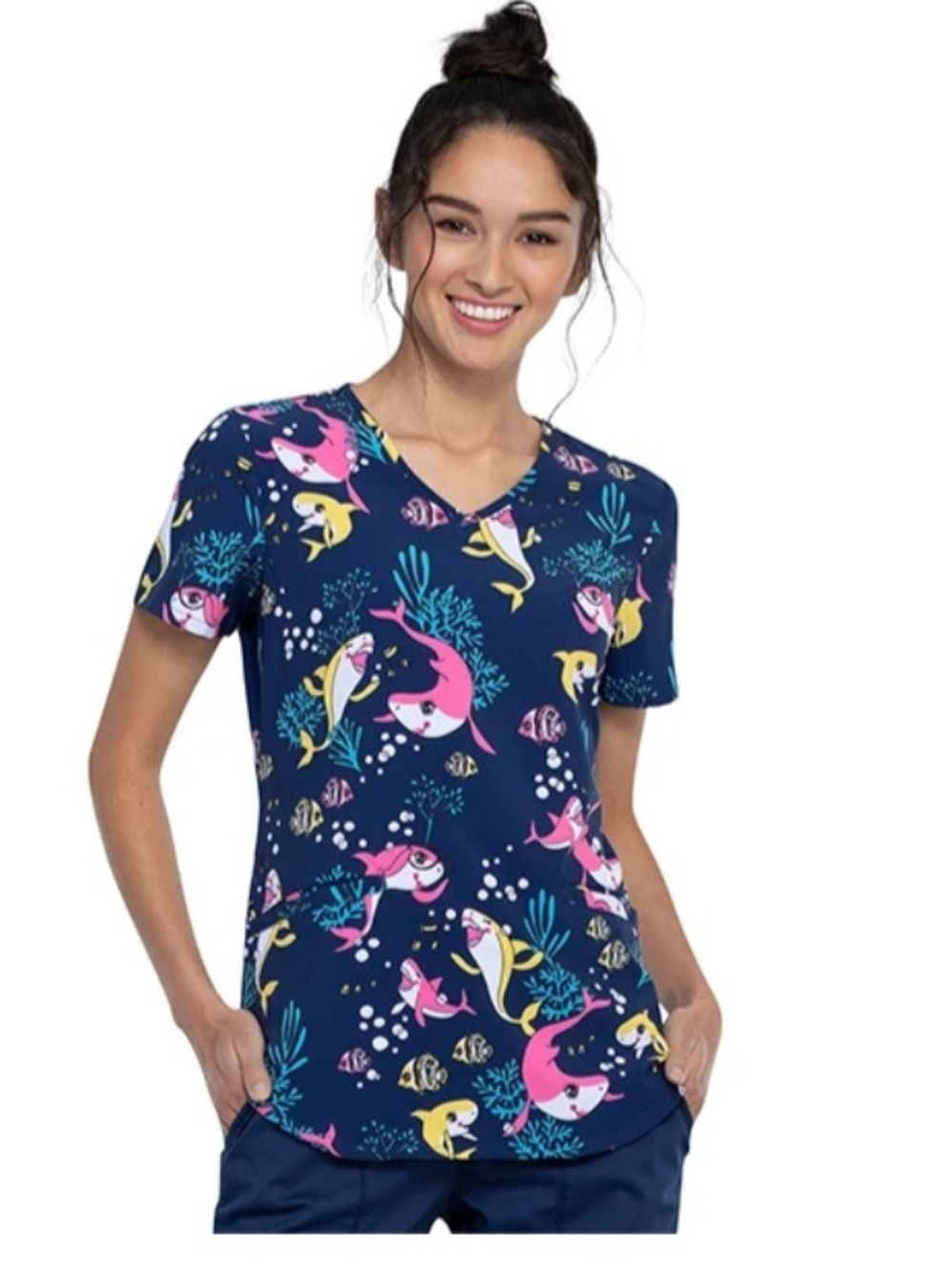 Cherokee Navy V-Neck Scrubs Tunic Top With Baby Shark Print Size Lrg